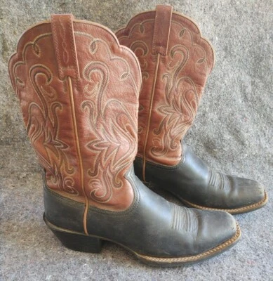 Botas vaqueras vaqueras ARIAT 2 tonos de cuero negro/borgoña punta cuadrada para hombre talla 9B Foto 1 de 4