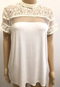 Express Woman’s Blouse Sz L/G Ivory Lace Up Pullover Stretch Short Sleeve - Picture 1 of 11