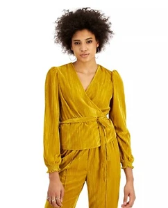 LEYDEN Velvet Wrap Top Long Sleeve Mustard Color S - Picture 1 of 3