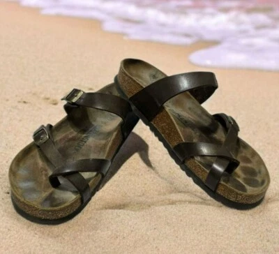 Sandalias Birkenstock Mayari Cuero Marrón Deslizables Tanga Puntera Alemania Mujer 39 EE. UU. 8 Foto 1 de 4