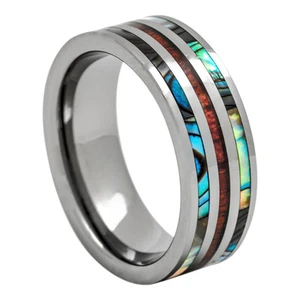 Tungsten Wedding Ring With Hawaiian Koa Wood and Abalone, 8mm Comfort Fit Band - Picture 1 of 4