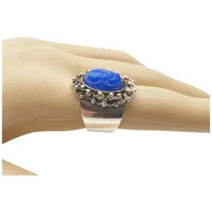 Vintage 925 Sterling Silver Egyptian Revival Blue Glass Scarab Beetle Ring - Picture 1 of 11