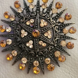 Circular Broach Starburst design Yellow and Clear stones 2 inches diameter - Picture 1 of 8