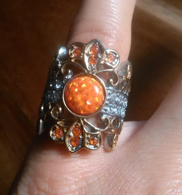 Simulated Orange Opal and Orange and White Crystal Stainless Steel Ring (Size 6) - Image 1 of 4