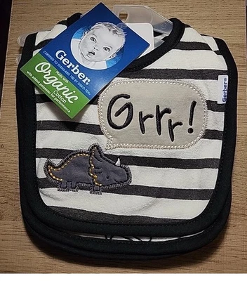 Gerber Baby 3 件装围兜有机棉恐龙黑色和奶油色! 全新/标签 — 第 1/4 张图片