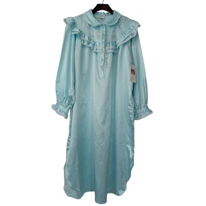 Camicia da notte vintage Jaclyn Smith manica lunga raso blu medio pizzo ricamato nuova con etichetta - Foto 1 di 11