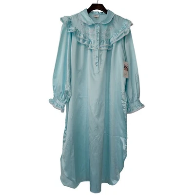 复古 Jaclyn Smith 长袖缎面睡衣中号蓝色蕾丝刺绣全新带标签 — 第 1/4 张图片