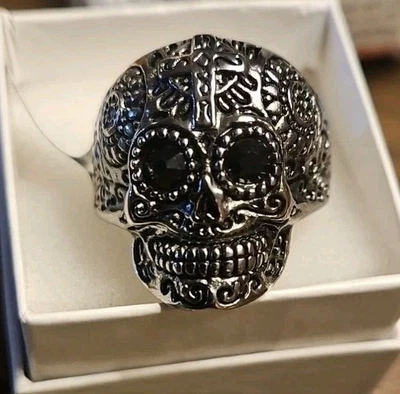 Stainless Steel Sugar Skull Mexican Day of Dead Ring. 15% OFF  Sizes 9 to 14 - Image 1 of 3