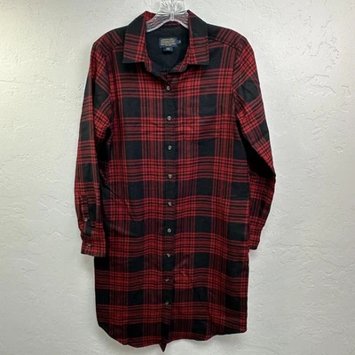 Pendleton 衬衫连衣裙女式小号红色黑色格子羊毛口袋美国制造法兰绒 — 第 1/4 张图片