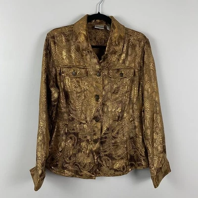 Chaqueta Chicos Mujer 2 EE. UU. Grande Dorado Brillo Batik Estampado Animal Cuello Botón Foto 1 de 4