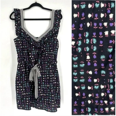 Vestido Anthropologie x Anna Sui Mezcla de Seda Floral Borde a Rayas Talla 8 Negro Colorido Foto 1 de 4