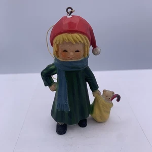 Hand Painted Little Girl Christmas Ornament Dress Hat Scarf Toy Bag Teddy 3.5" - Picture 1 of 21