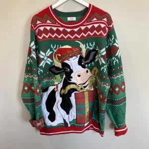 Funny Ugly Christmas Sweater Cow Bells Mens XL Green Holiday Time - Picture 1 of 6