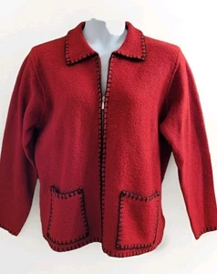 Worthington 100% Wolle Pullover Jacke Damen 1X rot schwarz durchgehender Reißverschluss Taschen kuschelig - Bild 1 von 6