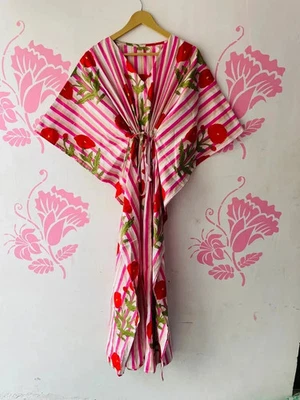 Vestido maxi kaftan indiano vintage 100% algodão praia longo tamanho único quimono caftan - Imagem 1 de 4