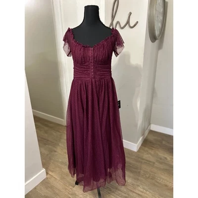 NWT Lulus Burgundy Tulle Off Shoulder Ruffle Bustier Midi Dress Large (Orig $79) - Image 1 of 4