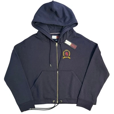 Hilfiger Collection Embroidered Crest Hoodie Cropped Oversized Blue Women’s Sz 2 - Image 1 of 4