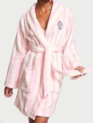 NEW NWT VICTORIA'S SECRET COZY SHORT PLUSH BATH ROBE ICONIC Pink STRIPED M / L - Image 1 of 4
