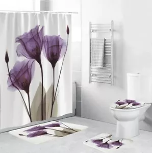 Purple Shower Curtain Rugs Toilet Lid Cover Bath Mat with 12 Hooks - Picture 1 of 8