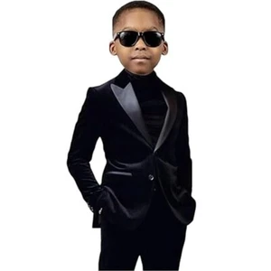Velvet Boy Suit 2 Pieces Wedding Evening Party Formal Dresswear Ring Bearer Suit - Picture 1 of 18