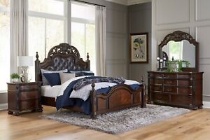NEW 4PC Old-World King Queen Poster Bedroom Set Cherry Brown Traditional B/D/M/N
