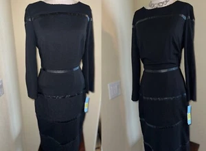 ANTONIO MELANI * BLACK KNIT & MESH PANEL SHEATH. ¾ SLEEVES. LEATHER. SIZE 10 NWT - Picture 1 of 15
