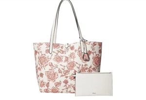 Ralph Lauren Faux Pebble Grain Reversible Tote Medium White pink flowers Silver - Picture 1 of 12