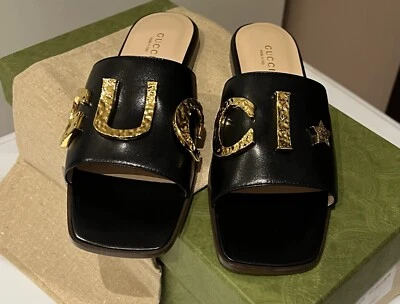 Gucci Black Leather Gucci Gold Tone Square Toe Sandal Sz 36 New In Box Authentic - Image 1 of 4