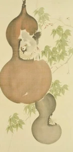 JAPANESE PAINTING GOURD HANGING SCROLL 76.2" OLD ART SPARROW JAPAN ART INK c702 - Picture 1 of 12