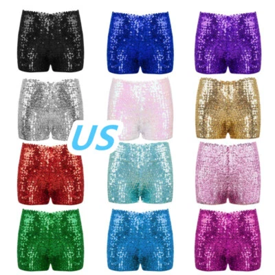 Kids Girls Sparkly Sequin Shorts Hip hop Jazz Dance Bottoms Glitter Hot Pants - Image 1 of 2