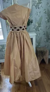Vintage 50s Gold Taffeta Brown Velvet Party Dress Rockabilly Full Circle Tulle S - Picture 1 of 9