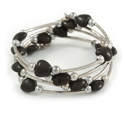 Pulsera flexible en espiral con cuentas de corazón de acrílico negro multistrand en tono plateado - Foto 1 de 4