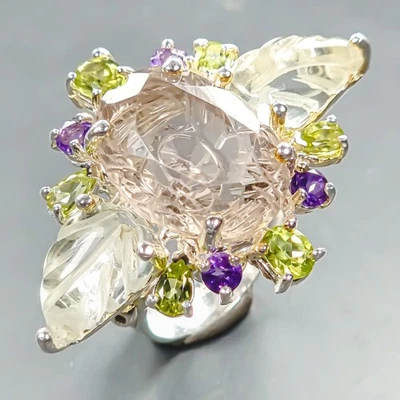 Anillo de cuarzo ahumado natural hecho a mano de 15 quilates + plata de ley 925 tamaño 7,5 / R439543 Foto 1 de 4