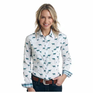 Camisa a Presión Occidental R4S6397 Panhandle Para Mujer Manga Larga Estampado de Noveras El Toro NUEVA - Imagen 1 de 1