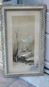 ANTIQUE 19c J.HOOVER CHROMOLITHOGRAPH WINTER SCENE WITH SNOW  ON BRIDGE &COTTAGE - Imagen 1 de 10