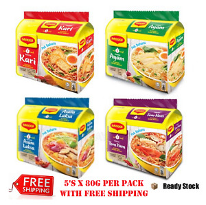 New Maggi Instant Noodle 5 Packs Chicken Curry Tom Yam Asam Laksa Free Shipping
