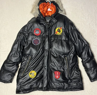 REASON Jacket Mens XXL Black Orange Fur Puffer Zip Up Winter Heavy Coat Patches - Image 1 of 4