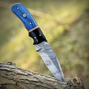 Small Hunter Knife, Damascus Steel Skinner, Blue Handle, Perfect for Outdoor - Picture 1 of 9