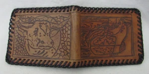 Vtg. Tooled Leather Wallet Longhorn Steer & Boots Hand Sewn Genuine Leather - Picture 1 of 4