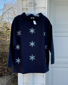 NWT Talbots Pretty Navy Embroidered Snowflake’s High Neck Sweatshirt 3X