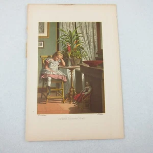 Antique Color Lithograph Print Girl Pink Dress Chair Doll Plants 1800s Art RARE - Picture 1 of 16