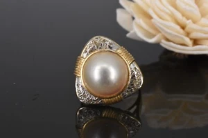 Pearl & Diamond Chip Statement Ring 14k Gelbgold - Bild 1 von 6