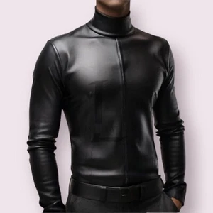 Gay Hot Men's Dark Black Leather Shirt In Soft Genuine Lambskin Leather LGBT - Picture 1 of 3