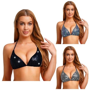 Womens Bikini Top No-wire Tops T-Shirts Bra Tank Metallic Body Cup Clubwear - Picture 1 of 38