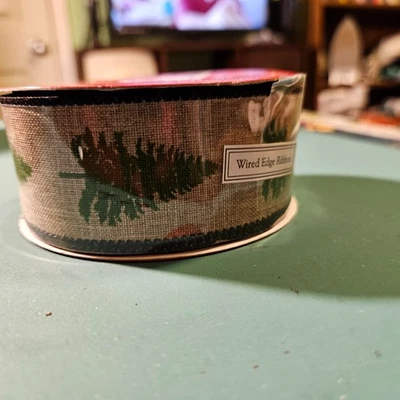 1 Roll Christmas Ribbon 1.5 in x 30 feet, Pine Tree on Burlap - Image 1 of 2