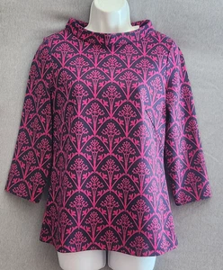 Women's Boden Top Blouse Crew Neck Preppy Navy Magenta Floral Zip Back Cotton + - Picture 1 of 10