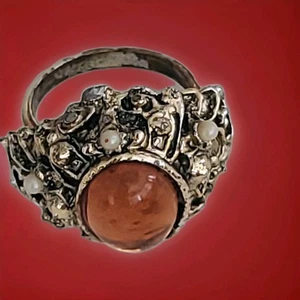 Vintage Statement Amber Glass Cabochon Ring 1960's  - Picture 1 of 11
