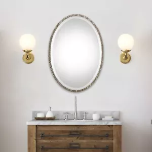 ANNADEL MODERN GROOVED OVAL POLISHED NICKEL METAL BEVELED WALL VANITY MIRROR - Picture 1 of 4