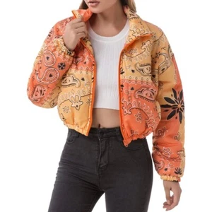 Women's Quilted Lightweight Coat Cropped Bandana Jacket Size S Orange - Picture 1 of 10