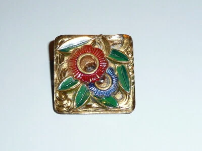 Pretty Flower Vintage Czech Square Glass Shank Button Gold & Multi Colred 1-1/4" - Image 1 of 4